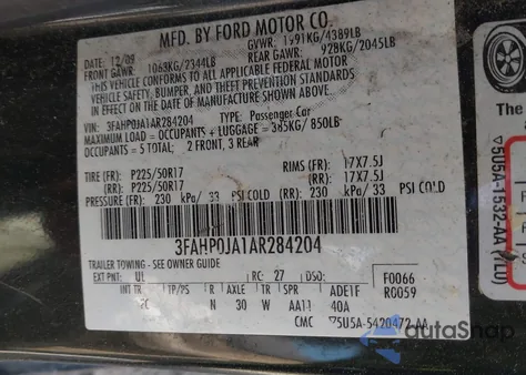 2010 Ford Fusion Sel из США, поврежденный, VIN 3FAHP0JA1AR284204